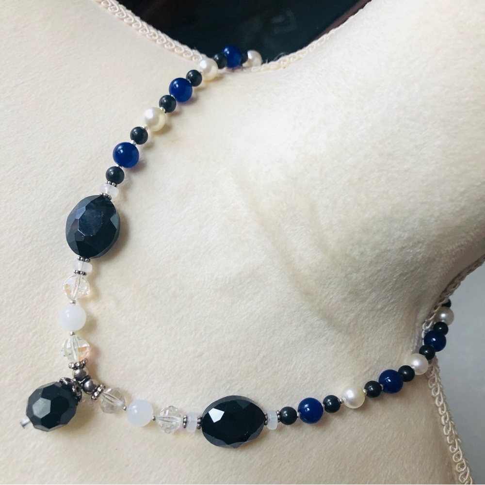 Handcrafted lazurite faceted jet crystal genuine stone necklace